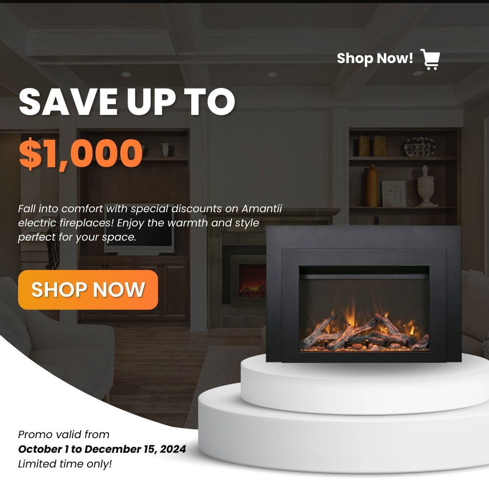 Save up to $1,000 on Amantii electric fireplaces. Special fall discounts valid until December 15, 2024. Limited time offer.