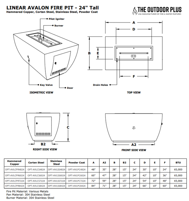 The Outdoor Plus Avalon Linear Metal Fire Pit - 24" Tall + Free Cover