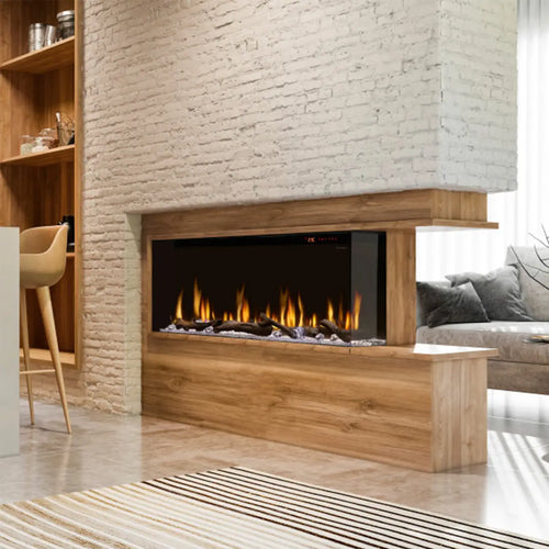 Contemporary living space featuring a Dimplex Ignite 60 linear electric fireplace, set in a wood and brick surround.