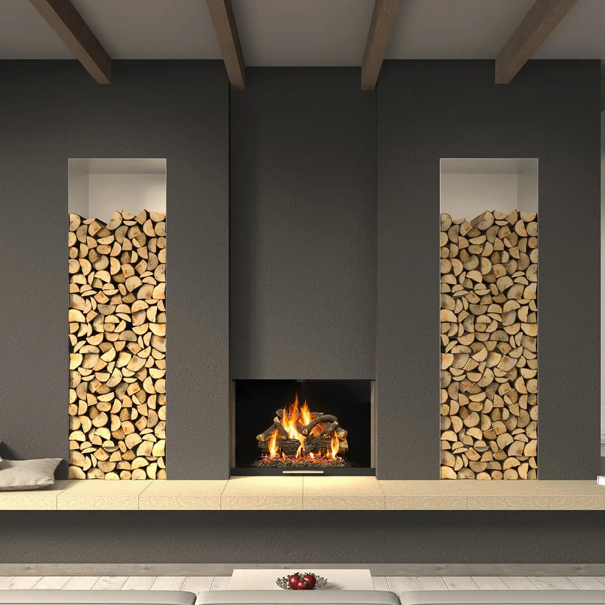 Cozy living room featuring a gas log fireplace, with neatly stacked firewood on both sides for a warm and rustic touch.