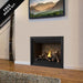 Compact indoor fireplace with realistic log flames, set below mountain landscape artwork in a modern, cozy living room.