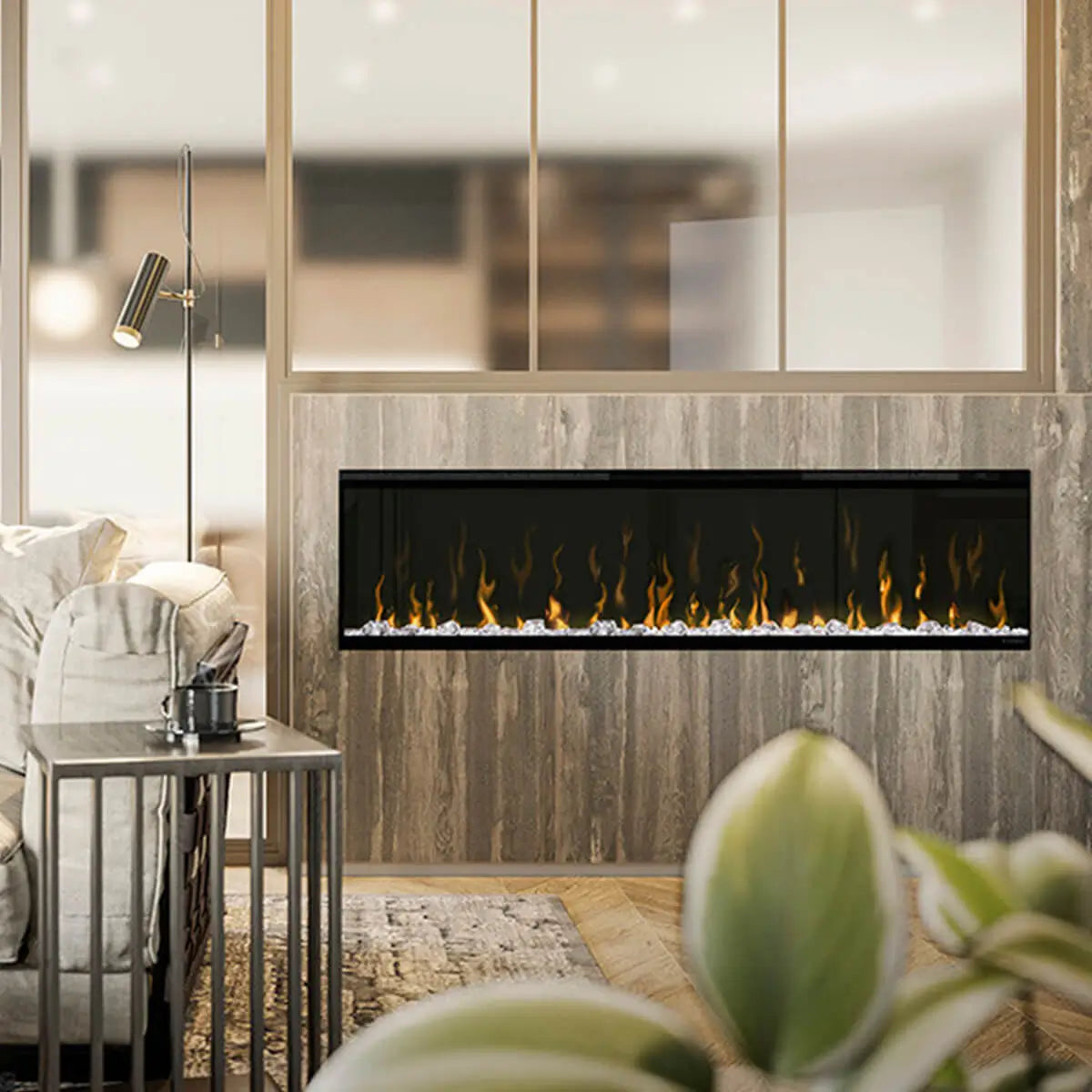 Contemporary living room featuring an indoor built-in electric fireplace with sleek flames and minimalist décor for added comfort.