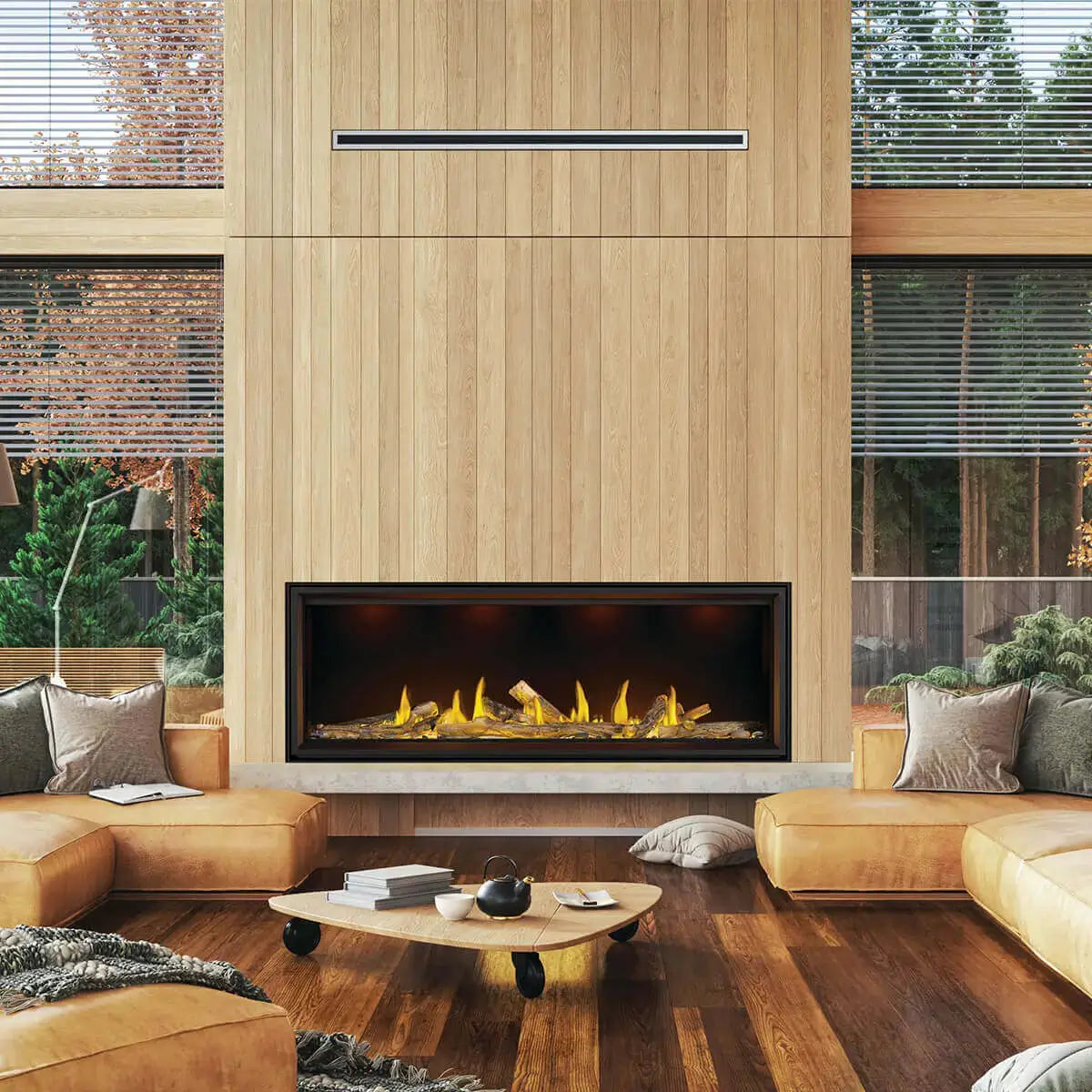 Modern living room with an indoor built-in gas fireplace, creating warmth and a cozy ambiance with stylish wood paneling.