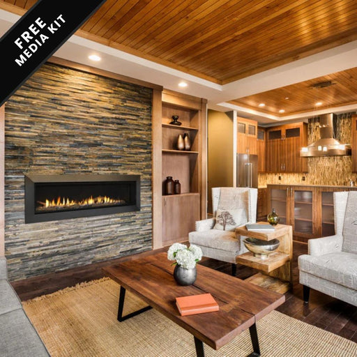 Modern indoor fireplace with layered stone wall in a stylish living area, featuring realistic flames for a cozy atmosphere.