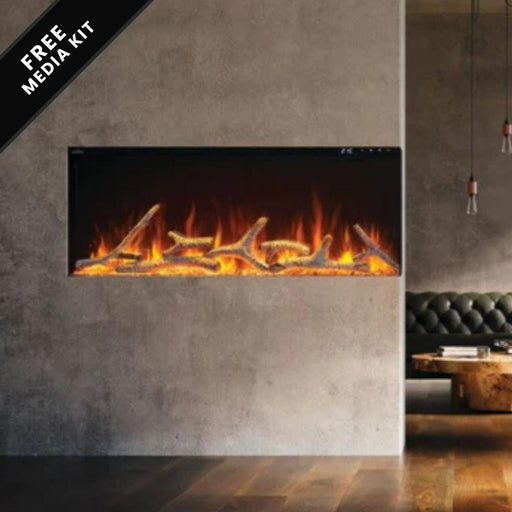 Minimalist indoor fireplace with realistic flames set in a sleek, concrete wall in a modern lounge with warm decor.