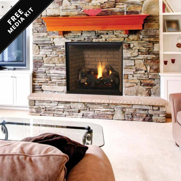 Indoor stone fireplace with log flames and a wooden mantel, creating a rustic yet cozy feel in a classic living room.