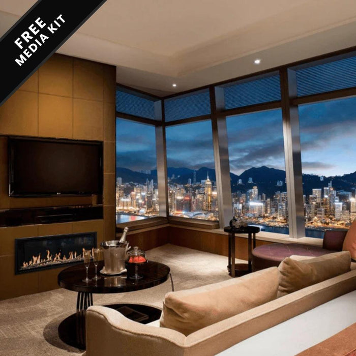 Luxurious indoor fireplace with city skyline view, creating an upscale ambiance with realistic flames and cozy seating.