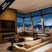 Luxurious indoor fireplace with city skyline view, creating an upscale ambiance with realistic flames and cozy seating.