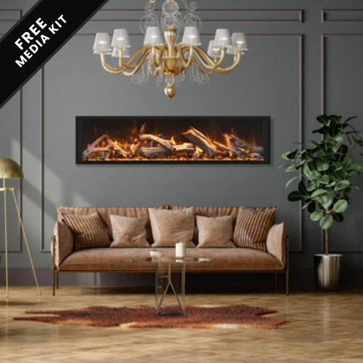 Elegant indoor fireplace with log flames, set beneath a chandelier in a stylish living room with dark accent walls.