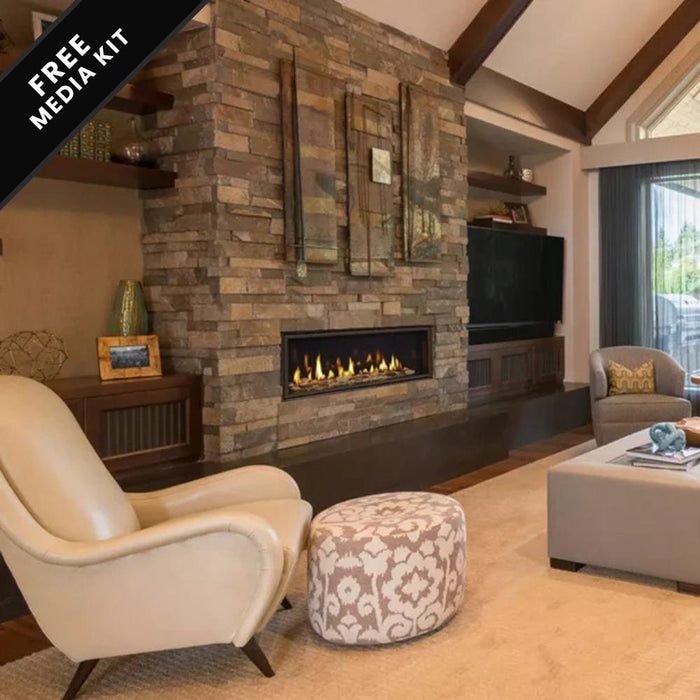 Indoor fireplace with stacked stone wall, cozy seating, and realistic flames, creating a warm, inviting living room ambiance.