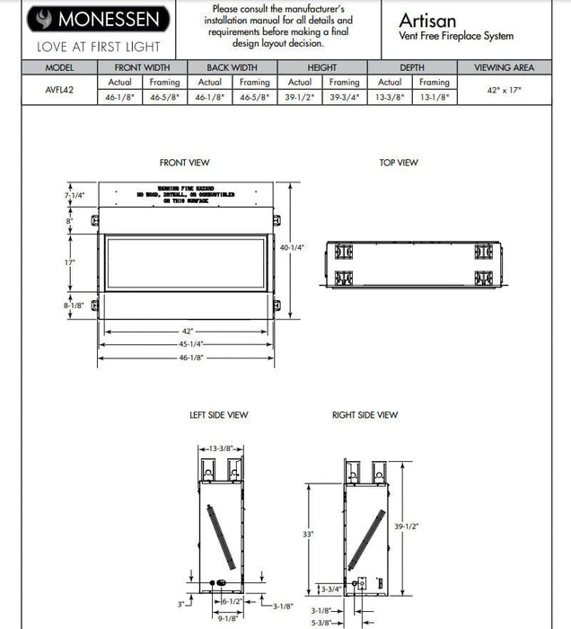 Monessen 42" Artisan Vent-Free Linear Gas Fireplace with IPI Plus Electronic Ignition and Remote Control