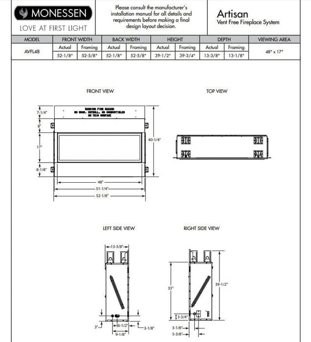 Monessen 48" Artisan Double-Sided Vent-Free Linear Gas Fireplace with IPI Plus Electronic Ignition and Remote Control