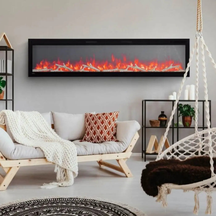 Modern living room with a Napoleon Entice wall-mounted electric fireplace, vibrant flames, cozy sofa, and hanging chair for a warm ambiance.