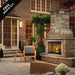 Outdoor stone fireplace with cozy seating in a charming patio, creating a warm ambiance with realistic flames.