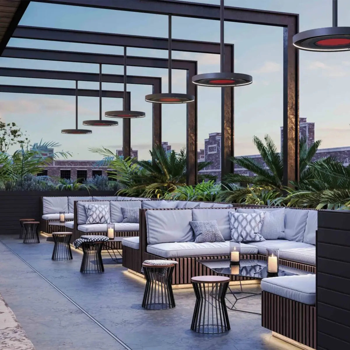 Modern outdoor seating area with patio heaters, providing warmth and comfort for social gatherings under the open sky.