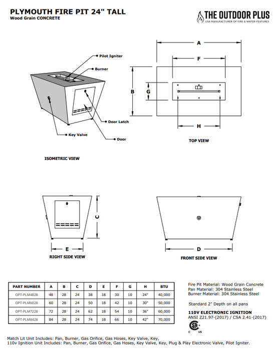 The Outdoor Plus Plymouth Rectangular Wood Grain Concrete Fire Pit + Free Cover