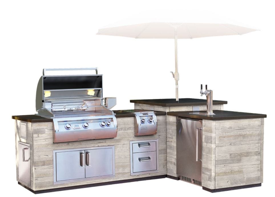 Fire Magic Silver Pine L-Shaped Reclaimed Wood Island System IL660-SPK-116BA with Kegerator Cut